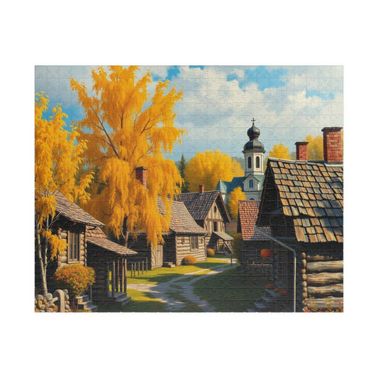 Rustic Slavic Village Jigsaw Puzzle for Adults, Autumn Wooden Cottages Golden Birch Trees, Gift for Friends, Family Activity, Creative Hobby 520 pcs (Horizontal) Puzzle The Puzzle Chest