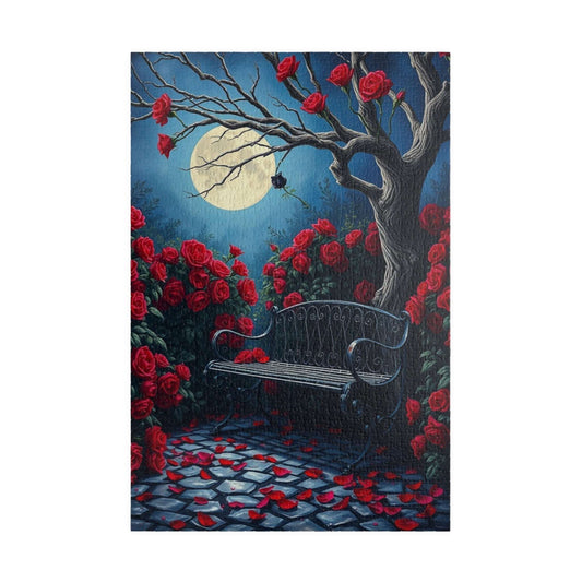 Moonlit Gothic Garden Puzzle, Dark Romantic Fantasy Jigsaw Game, Cobblestone Path Iron Bench and Roses, Relaxing Challenge for Puzzle Lover 1014 pcs (Vertical) Puzzle The Puzzle Chest