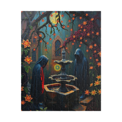 Ghostly Gothic Garden Puzzle, Dark Fantasy Scene with Glowing Flowers and Hooded Figures, Quiet Leisure Staycation Activity for Puzzle Lover 110 pcs (Vertical) Puzzle The Puzzle Chest