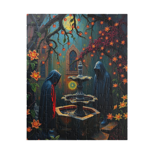 Ghostly Gothic Garden Puzzle, Dark Fantasy Scene with Glowing Flowers and Hooded Figures, Quiet Leisure Staycation Activity for Puzzle Lover 110 pcs (Vertical) Puzzle The Puzzle Chest