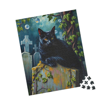 Gothic Puzzle, Black Cat Rests on Moss-Covered Tombstone, Eerie Atmosphere, Halloween Jigsaw Game, Spooky Home Decor, Creepy Cat Lover Gift Puzzle The Puzzle Chest