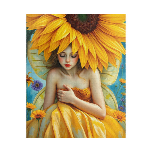 Sunflower Shade Fairy Jigsaw Puzzle, Floral Art Mythical Fantasy Game, Holiday or Birthday Gift for Friend, Decor, Mindfulness Activity