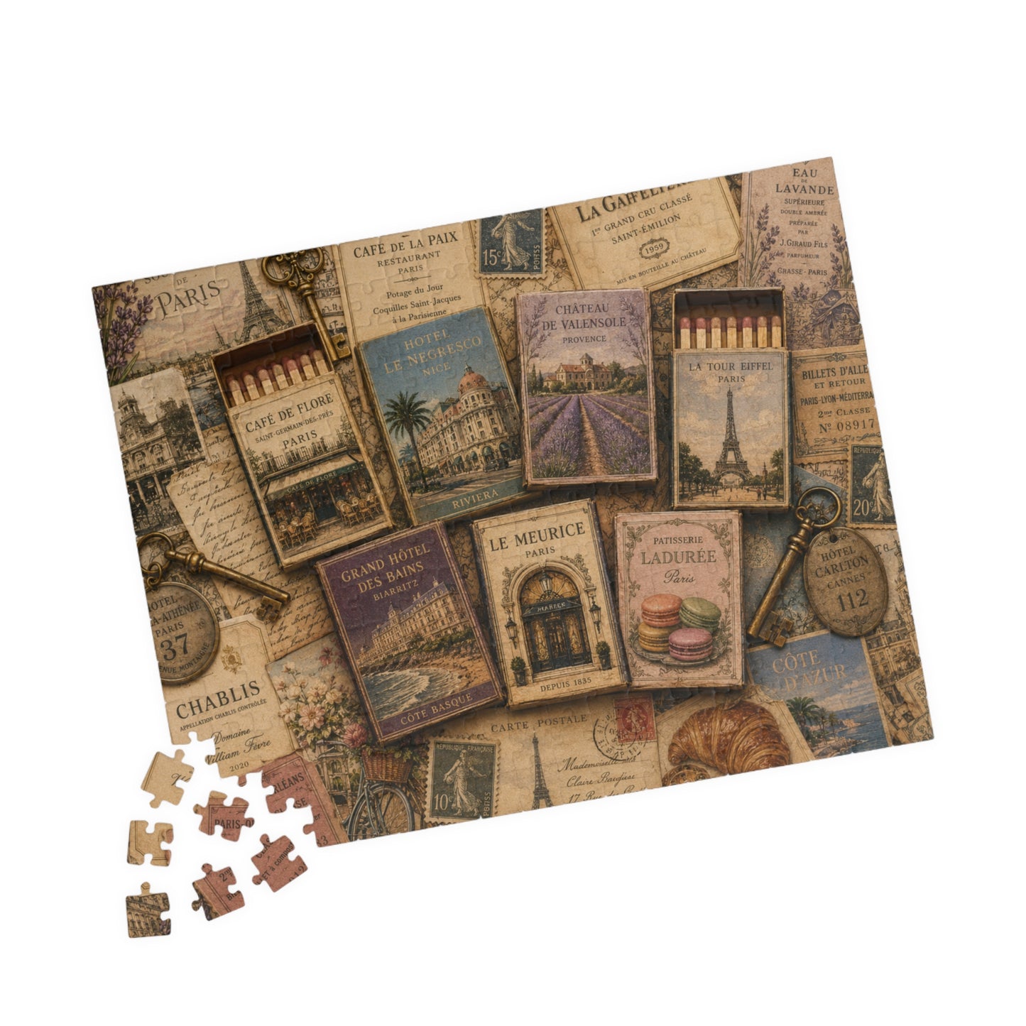 Vintage France Matchbook Puzzle | Paris Travel Memorabilia Jigsaw | French Café Collection Challenge | European Nostalgia 252 pcs (Horizontal) Puzzle The Puzzle Chest