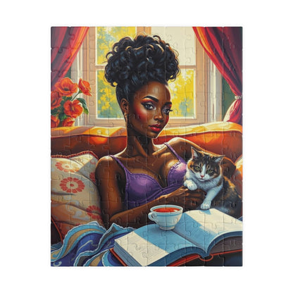 Cozy Day Jigsaw Puzzle, Black Woman and Cat, Black Woman Art, Home Entertainment, African American Gift for Cat Lovers, Mindfulness Activity 110 pcs (Vertical) Puzzle The Puzzle Chest