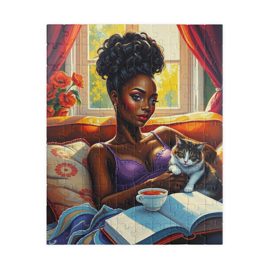 Cozy Day Jigsaw Puzzle, Black Woman and Cat, Black Woman Art, Home Entertainment, African American Gift for Cat Lovers, Mindfulness Activity