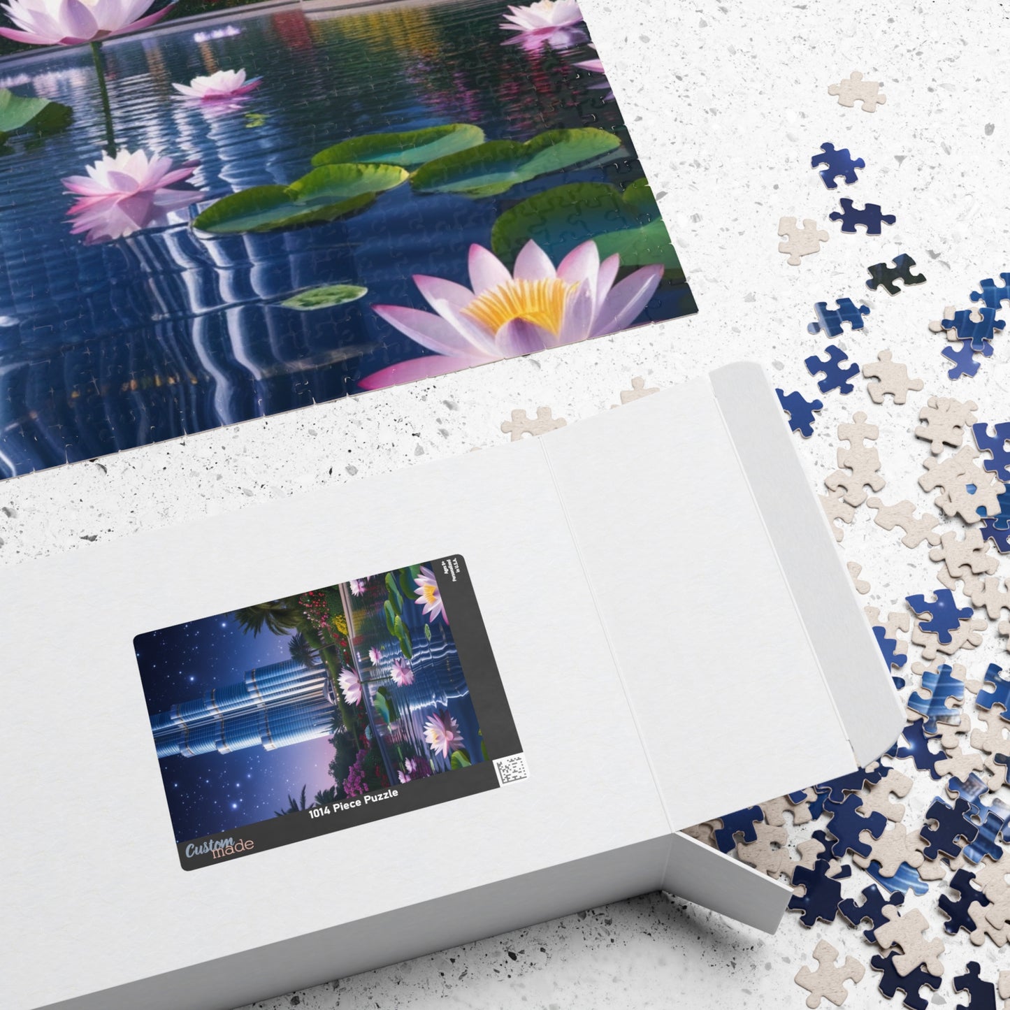 Burj Khalifa Reflections Jigsaw Puzzle, Dubai Skyline Lotus Water Lily Night Garden Landscape, Best Gift for Traveler Art Lover, Hobbyist Puzzle The Puzzle Chest
