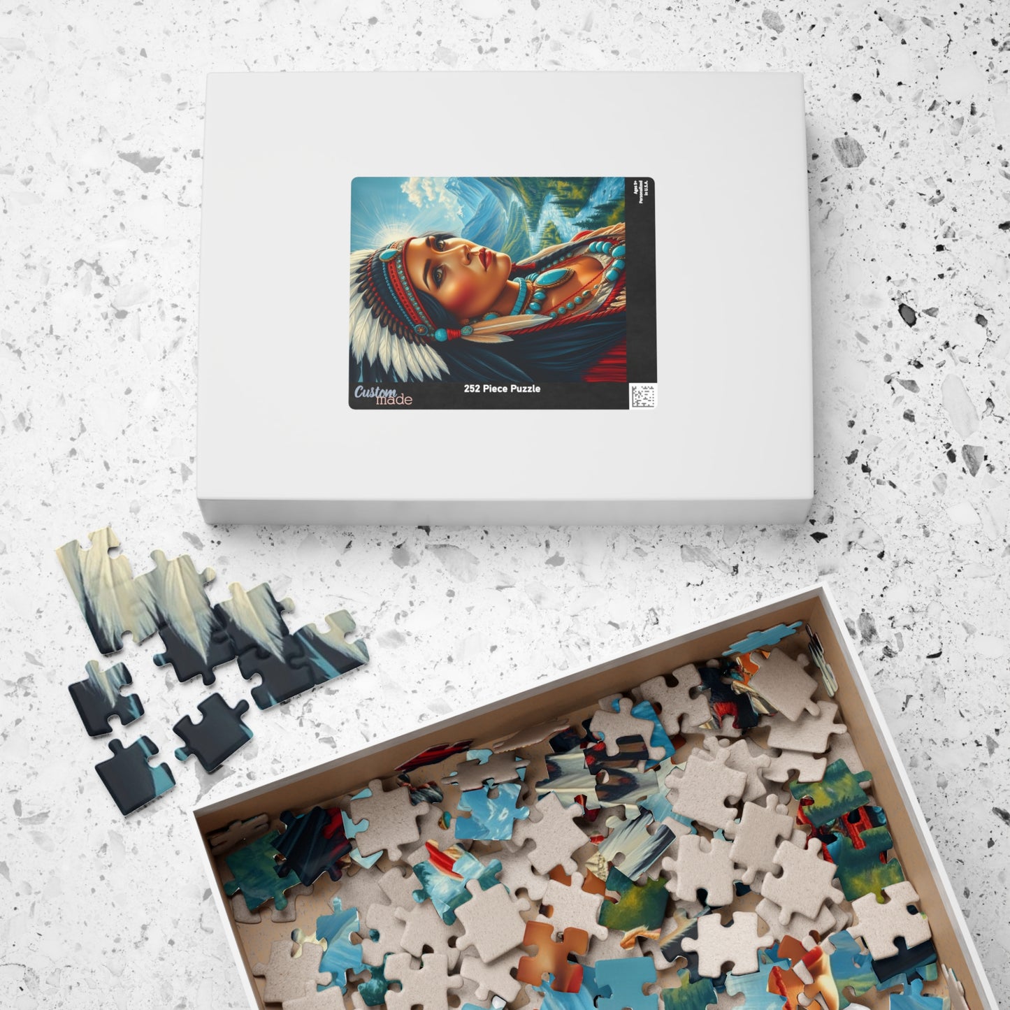 Puzzle, Indigenous Bride with Dark Eyes and Tan Skin, Buckskin Dress, Turquoise Necklace, Feather Headdress Natural Landscape, Mountains, Puzzle The Puzzle Chest