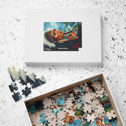 Puzzle, Indigenous Bride with Dark Eyes and Tan Skin, Buckskin Dress, Turquoise Necklace, Feather Headdress Natural Landscape, Mountains, Puzzle The Puzzle Chest