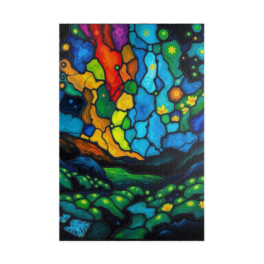 Radiant Understory Landscape Jigsaw Puzzle, Stained Glass Style Nature-Themed Abstract Puzzle for Family Fun, Gifts, Home Decor, Game Nights