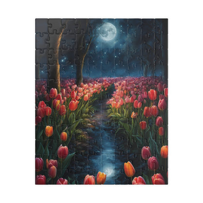 Magical Nighttime Tulip Puzzle, Peaceful Floral Scene Under the Moon, Glowing Flowers and Tranquil River Jigsaw Game, Gift for Nature Lover 110 pcs (Vertical) Puzzle The Puzzle Chest