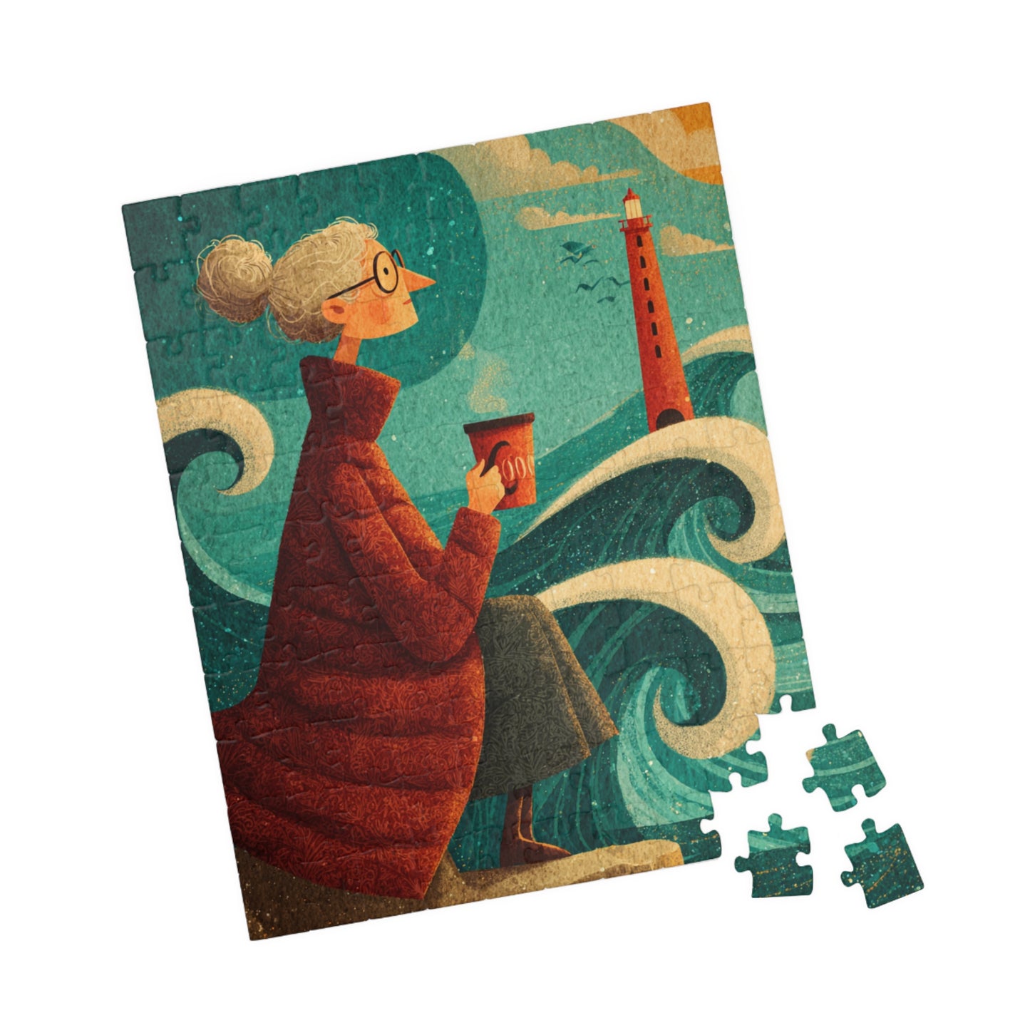 Seaside Grandma Jigsaw Puzzle - Heartwarming Ocean Cliff Storybook Scene Featuring Elderly Lady and Red Lighthouse 110 pcs (Vertical) Puzzle The Puzzle Chest
