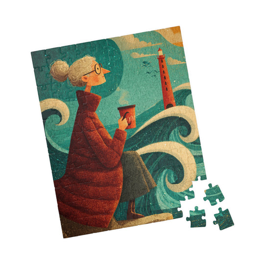 Seaside Grandma Jigsaw Puzzle - Heartwarming Ocean Cliff Storybook Scene Featuring Elderly Lady and Red Lighthouse 110 pcs (Vertical) Puzzle The Puzzle Chest