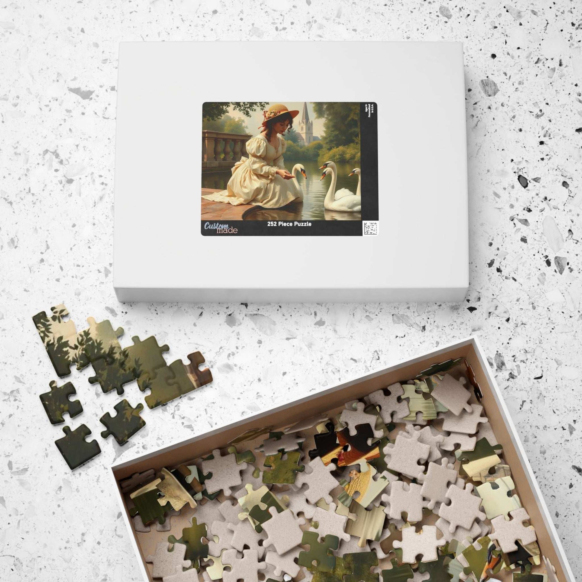 Victorian Lady Feeding Swans by the Pond - Elegant 19th Century Jigsaw Puzzle Scene Puzzle The Puzzle Chest