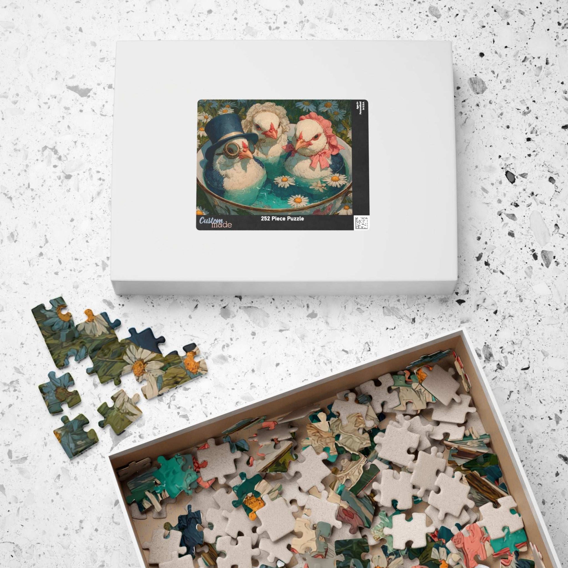 Whimsical Wildflower Field Tea Chicken Puzzle – Three Fancy Chickens in Giant Teacup Bath with Flowers, Fairy-Tale Farm Animal Jigsaw Puzzle The Puzzle Chest
