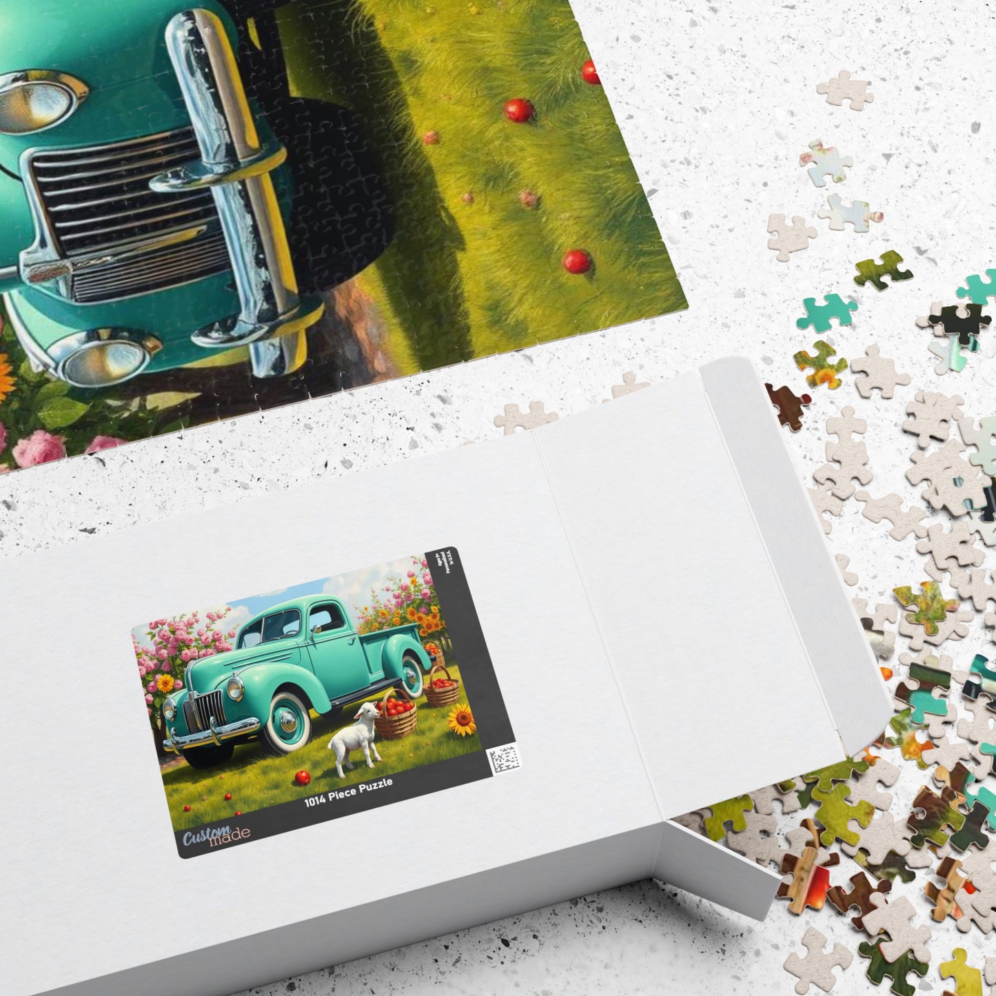 Vintage Teal Pickup Truck Puzzle — Spring Lamb & Flower Farm Jigsaw (110–1014 pcs) Puzzle The Puzzle Chest