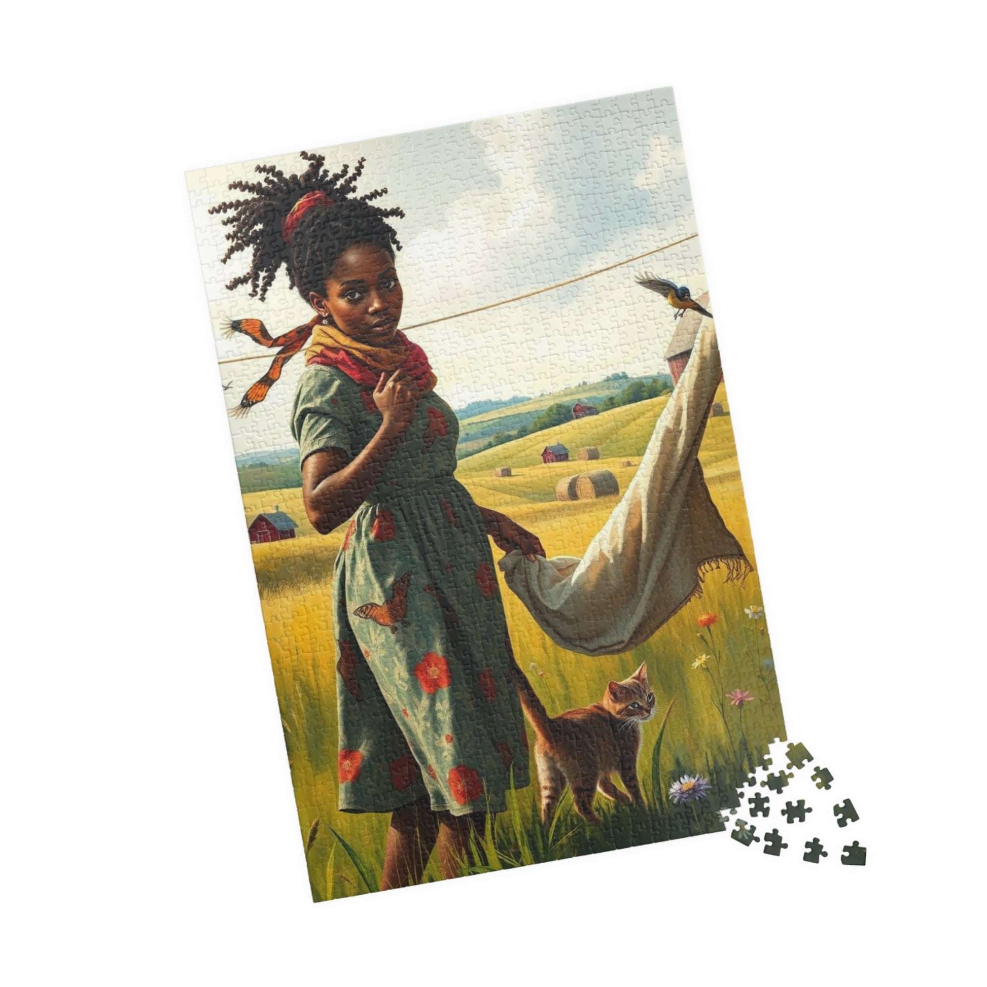 The Laundress Jigsaw Puzzle – Black Woman Hanging Laundry with Cat, Afrocentric Art, African American Artwork 1014 pcs (Vertical) Puzzle The Puzzle Chest