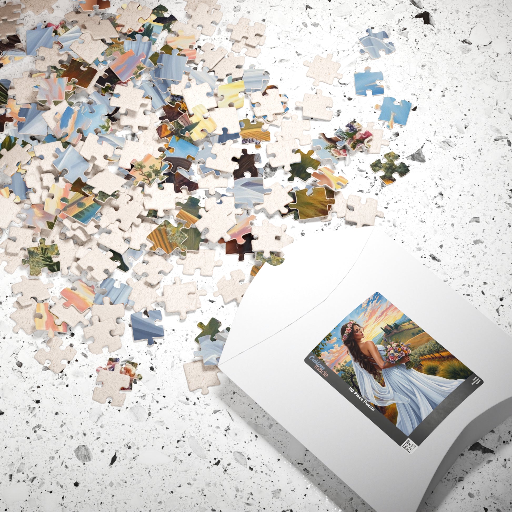 Elegant Italian Bride Jigsaw Puzzle, White Gown Floral Crown Wildflower Bouquet, Tuscan Vineyard Romantic Wedding, Puzzle Enthusiast Gift Puzzle The Puzzle Chest