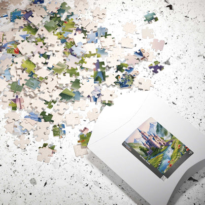 Jigsaw Puzzle, Fairytale Castle Landscape Puzzle - Snow-capped Mountains, Wildflowers, River, Scenic Puzzle Puzzle The Puzzle Chest