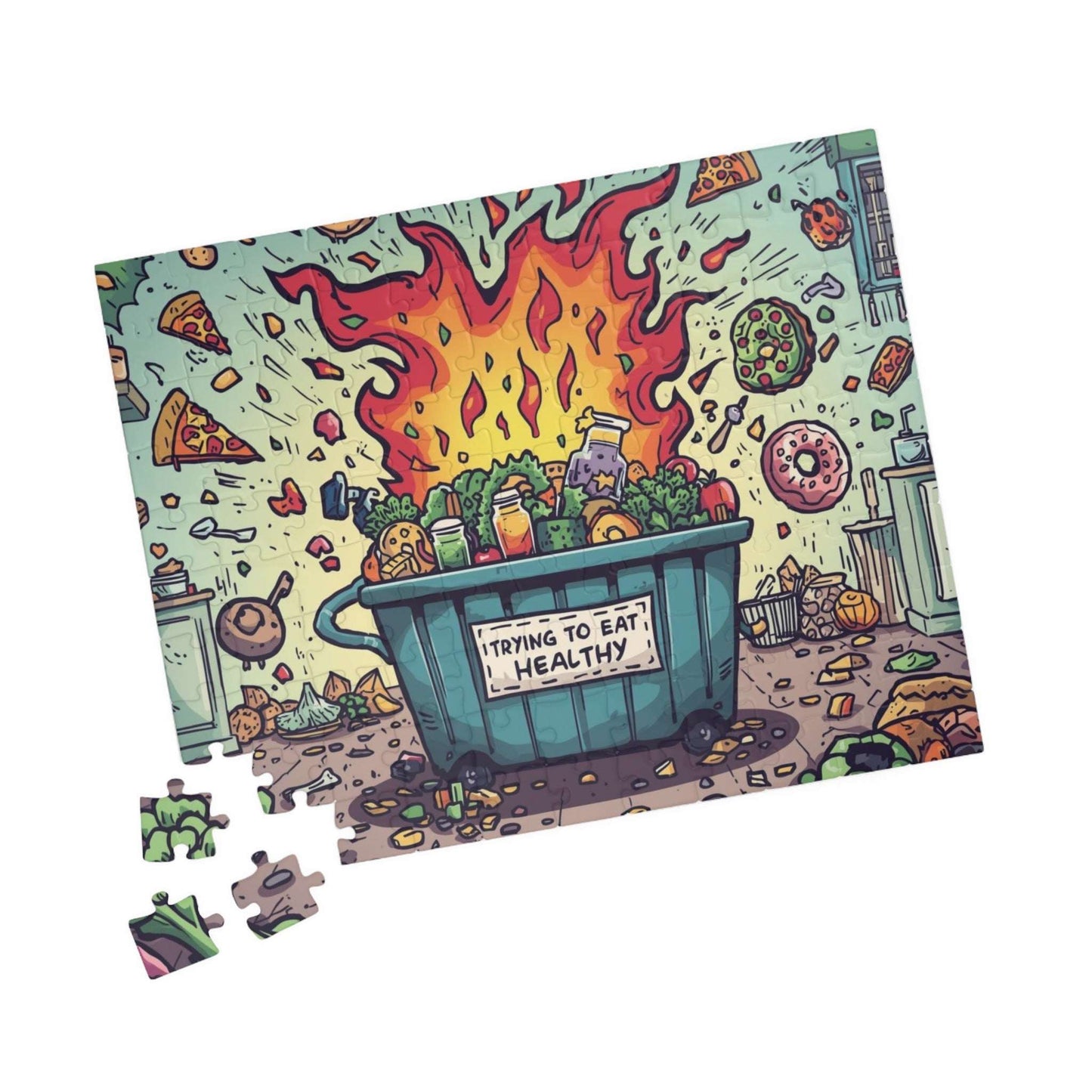 Funny Healthy Eating Jigsaw Puzzle - Dumpster Fire Meme, Family Game Night or Solo Fun, Holiday Birthday Gift, Brain Teaser 110 pcs (Horizontal) Puzzle The Puzzle Chest