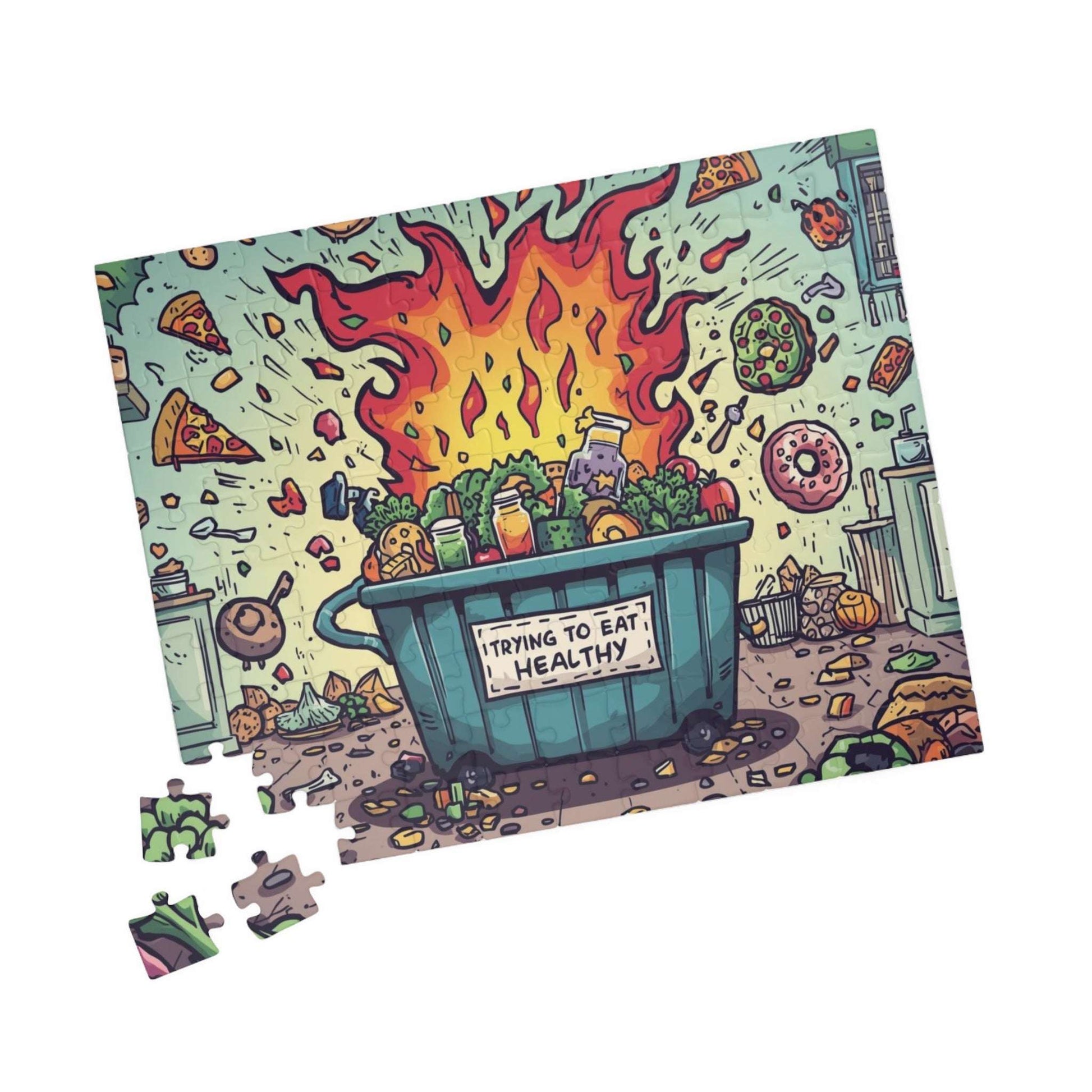 Funny Healthy Eating Jigsaw Puzzle - Dumpster Fire Meme, Family Game Night or Solo Fun, Holiday Birthday Gift, Brain Teaser 110 pcs (Horizontal) Puzzle The Puzzle Chest