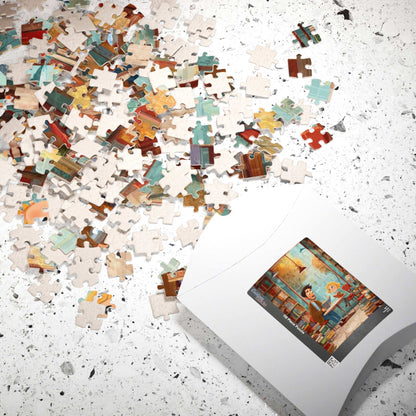 Whispers Between the Shelves - Watercolor Cozy Bookstore Jigsaw Puzzle, Storybook Cartoon Illustration Puzzle The Puzzle Chest