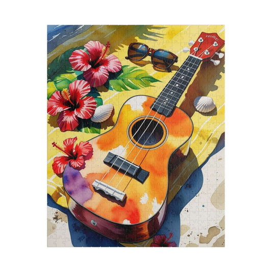Tropical Beach Ukulele Puzzle with Hibiscus, Seashells, Sunglasses - Summer Gift for Music Lovers, Beach Fans and Relaxing Vacation Vibes