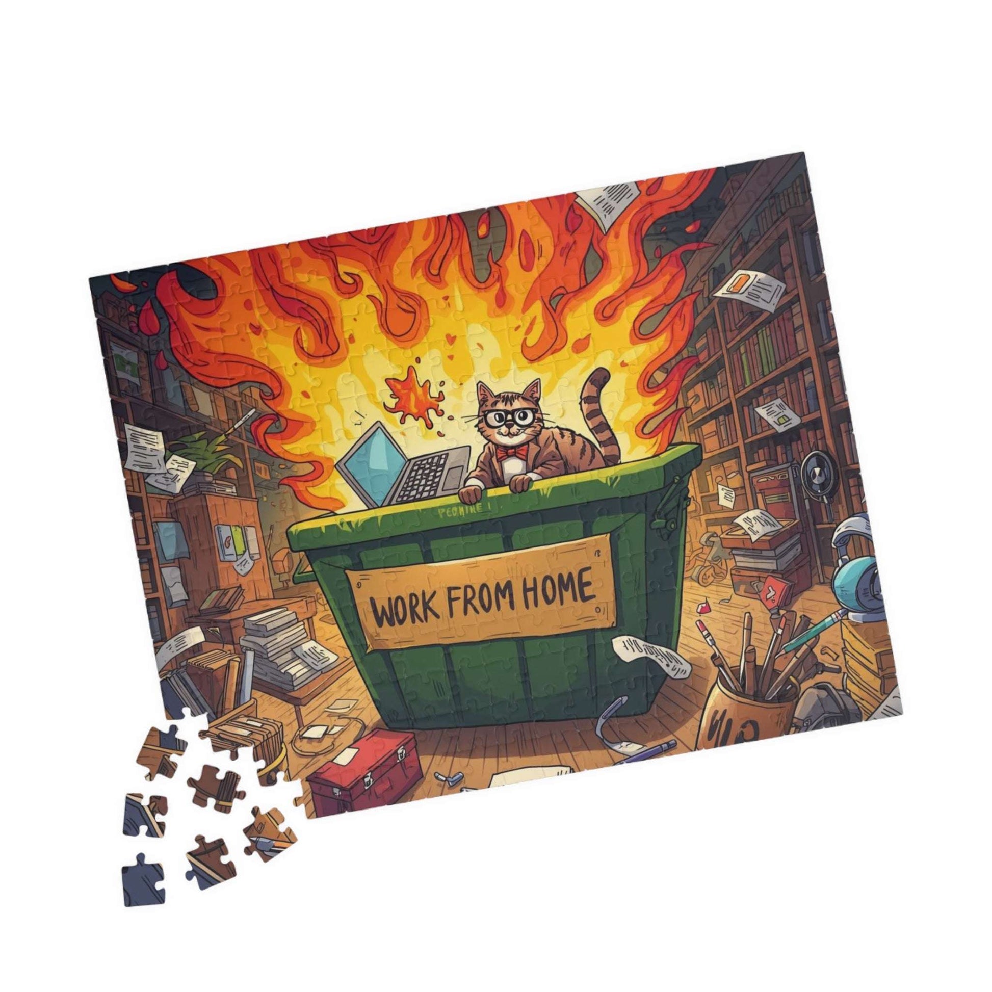 Funny Work From Home Jigsaw Puzzle - Cat Themed Dumpster Fire Meme, Humorous Holiday Birthday Gift for Friends, Family, Co-workers 252 pcs (Horizontal) Puzzle The Puzzle Chest