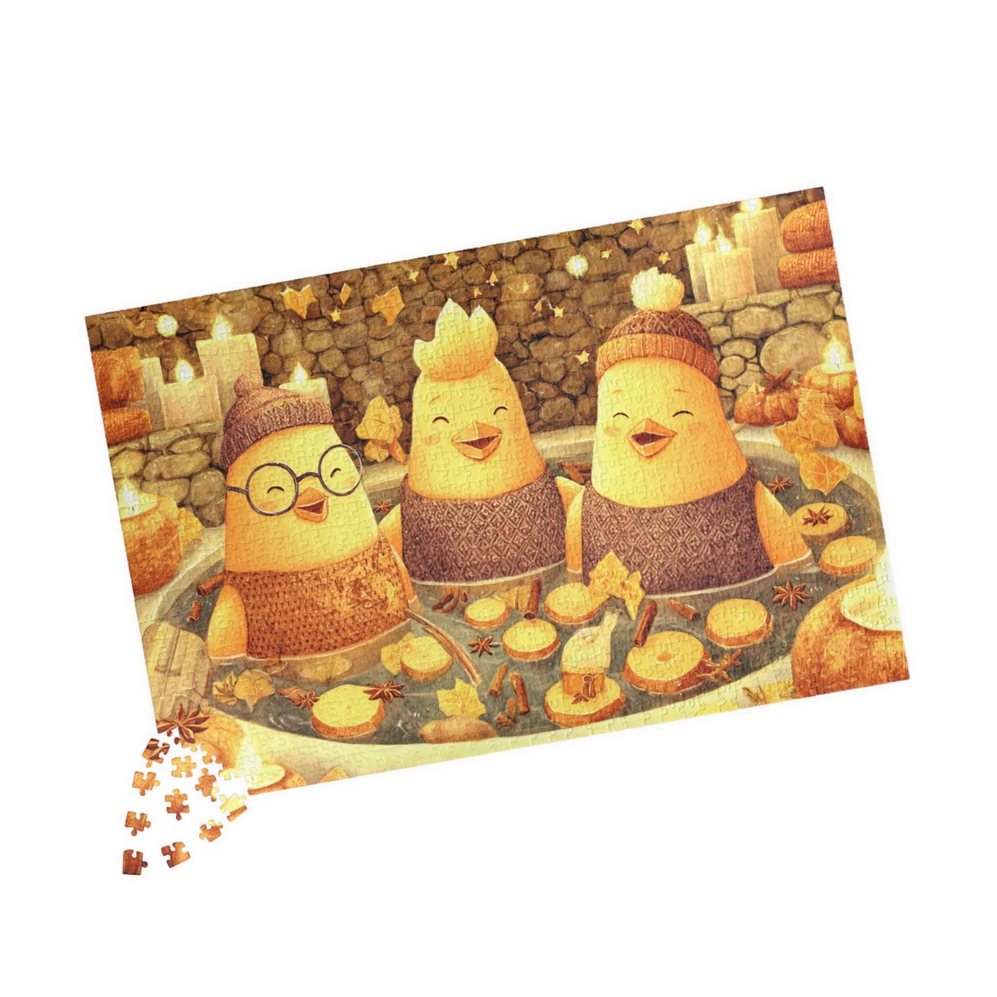 Pumpkin Spice Spa Chickens Puzzle – Cozy Fall Fairy-Tale Jigsaw, Autumn Fun Family Game, Cute Chick Characters 1014 pcs (Horizontal) Puzzle The Puzzle Chest