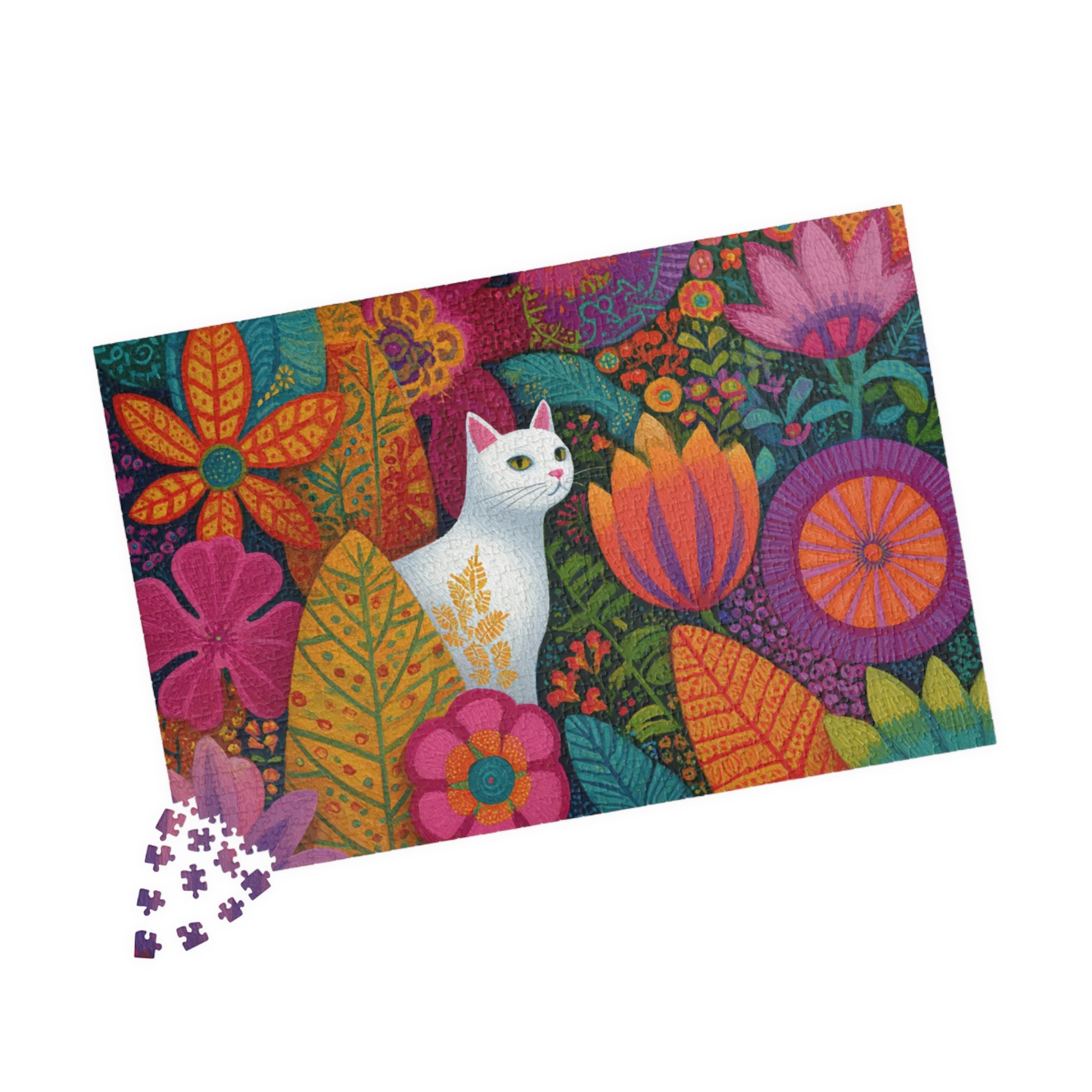 Cat Among the Flowers – Garden Cat Jigsaw Puzzle, Animal Theme Fauvist Flower Art Puzzle, Cartoonish 1014 pcs (Horizontal) Puzzle The Puzzle Chest