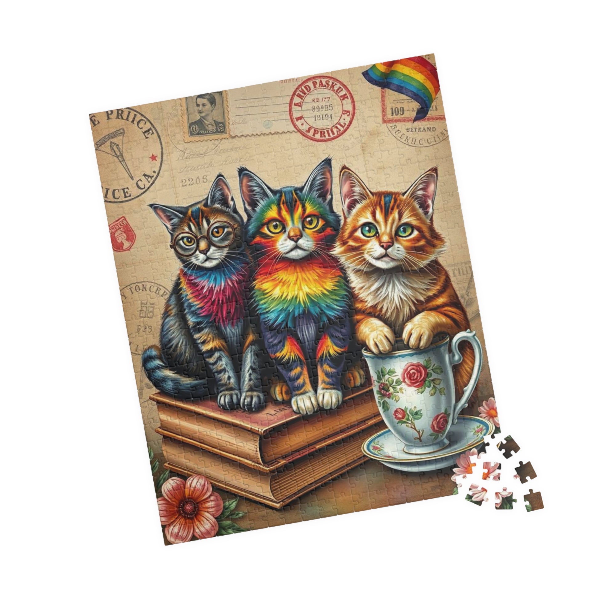 Postcards and Paws Jigsaw Puzzle, Pride Rainbow Cats Vintage Puzzle Art for Fun Family Activity, Cat Lover Gift, Cozy Night In, Brain Teaser Puzzle The Puzzle Chest