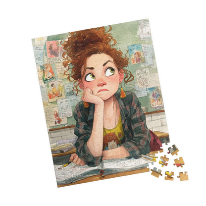 Funny Student Classroom Cartoon Puzzle - Girl at Desk with Whimsical School Background 252 pcs (Vertical) Puzzle The Puzzle Chest
