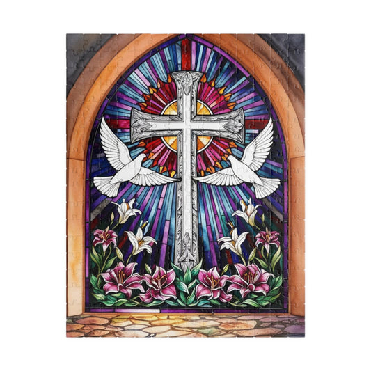 Stained Glass Cross Puzzle, Dove and Lily Flower Design, Faith-Based Christian Jigsaw Game for Adults, Mindful Hobby Gift for Puzzle Lover