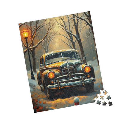 Vintage Car Jigsaw Puzzle Winter Scene, 110 252 520 1014-piece, Christmas Gift, Holiday Activity, Snowy Day Activity, Car Lover Gift, Retro Puzzle The Puzzle Chest