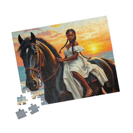 Sunset Horse Jigsaw Puzzle - Black Woman African American Art, Equestrian Gift for Animal Lover Friend, Family Activity, Home Entertainment Puzzle The Puzzle Chest