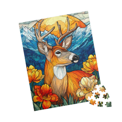 Stained Glass Deer Puzzle — Scenic Mountain & Wildflower Jigsaw (110–1014 pcs) 252 pcs (Vertical) Puzzle The Puzzle Chest