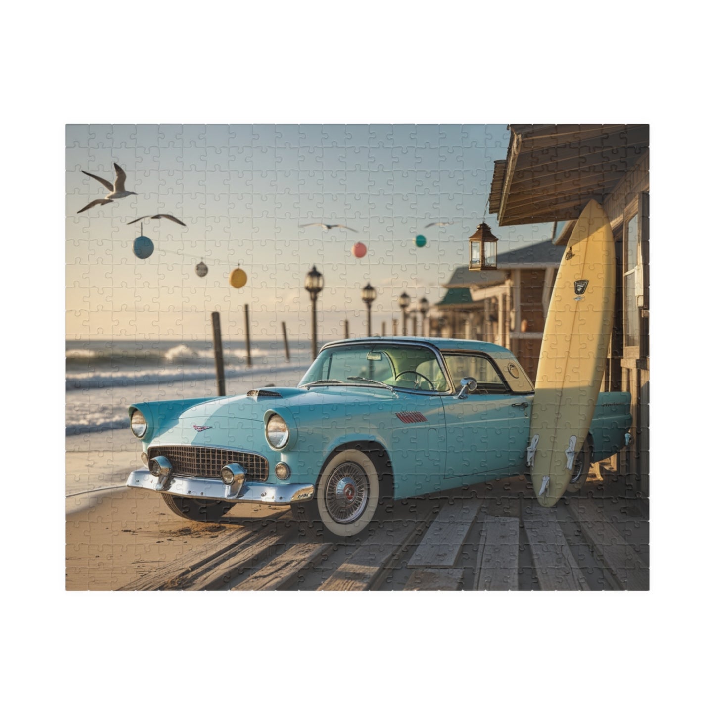 Vintage Car Jigsaw Puzzle - Classic 1955 Thunderbird | Retro Auto Beach Scene 520 pcs (Horizontal) Puzzle The Puzzle Chest