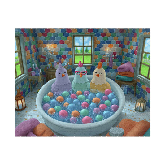 Pastel Chicken Bathhouse Jigsaw Puzzle – Adorable Fairy Tale Chickens Soaking in Rainbow Bubble Tub Puzzle The Puzzle Chest