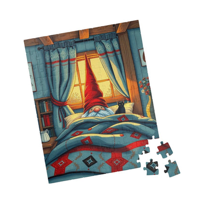 Scandinavian Folk Art Gnome Sleeping Jigsaw Puzzle – Nordic Bedroom Nighttime Scene 110 pcs (Vertical) Puzzle The Puzzle Chest
