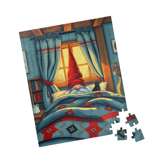 Scandinavian Folk Art Gnome Sleeping Jigsaw Puzzle – Nordic Bedroom Nighttime Scene 110 pcs (Vertical) Puzzle The Puzzle Chest