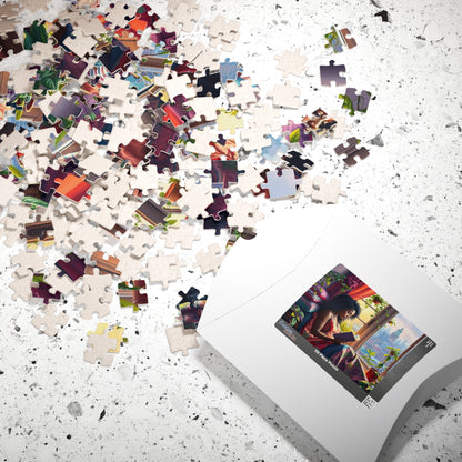 Black Woman Reading by Window Puzzle | Cozy Booklover Jigsaw Puzzle, City View