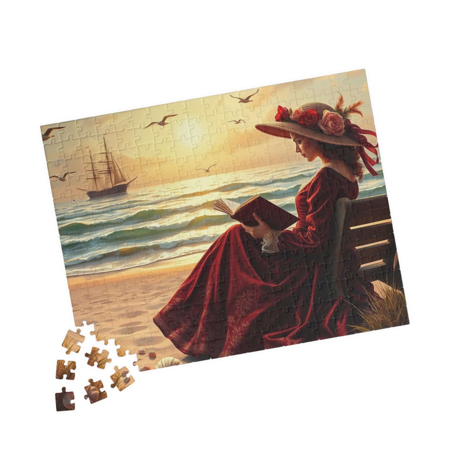 Victorian Seaside Reverie Jigsaw Puzzle - Elegant Woman Reading on the Shoreline, Romantic Vintage Puzzle Art Game 252 pcs (Horizontal) Puzzle The Puzzle Chest