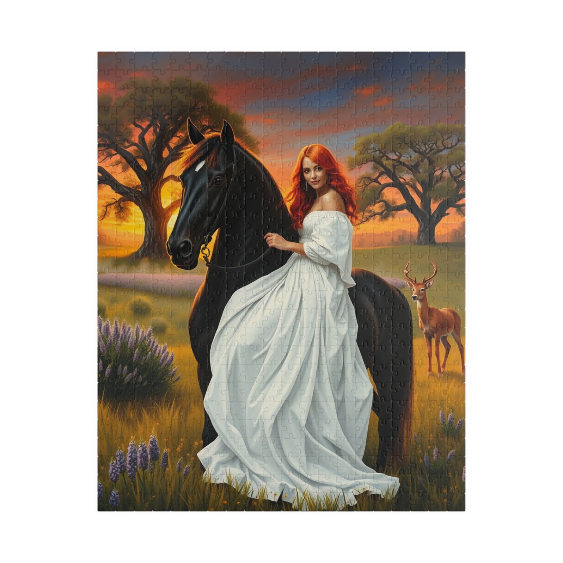 Puzzle, Woman with Vibrant Red Hair and White Flowing Dress Rides a Black Stallion, Jigsaw, Game, Brain Teaser, Activity, Relaxation, Home 520 pcs (Vertical) Puzzle The Puzzle Chest
