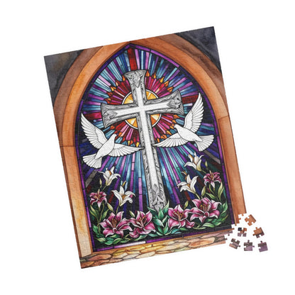 Stained Glass Cross Puzzle, Dove and Lily Flower Design, Faith-Based Christian Jigsaw Game for Adults, Mindful Hobby Gift for Puzzle Lover