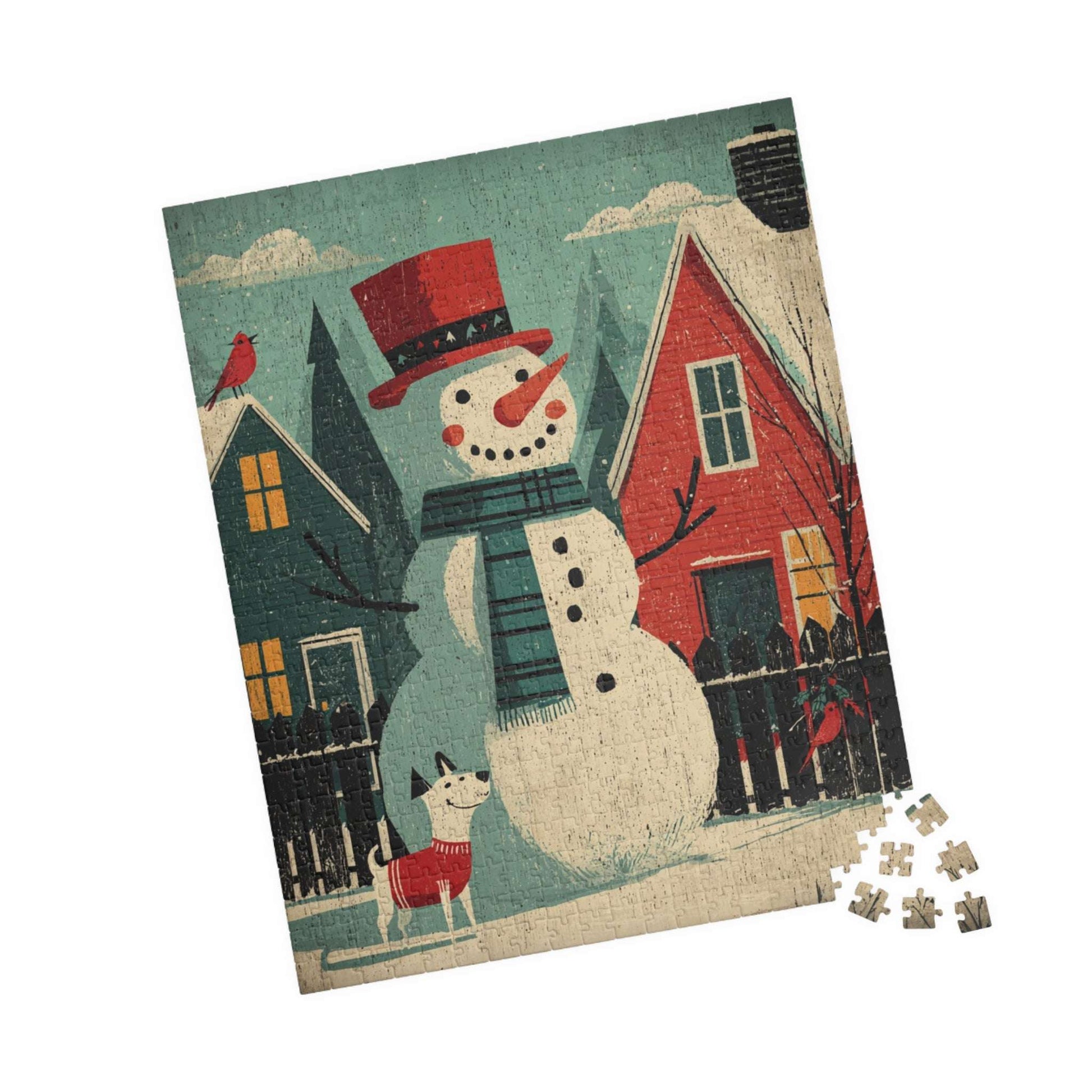 Retro Holiday Cheer Puzzle - Snowman and Dog, Winter Vintage Style Illustration, Ideal for Holiday Activity, Family Game, Festive Gifts 520 pcs (Vertical) Puzzle The Puzzle Chest