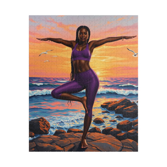 Yoga Sunset Puzzle - 110, 252, 520, 1014-piece African American Woman Beach Scene, Relaxing Gift, Mindfulness Family Activity, Fitness Lover 520 pcs (Vertical) The Puzzle Chest