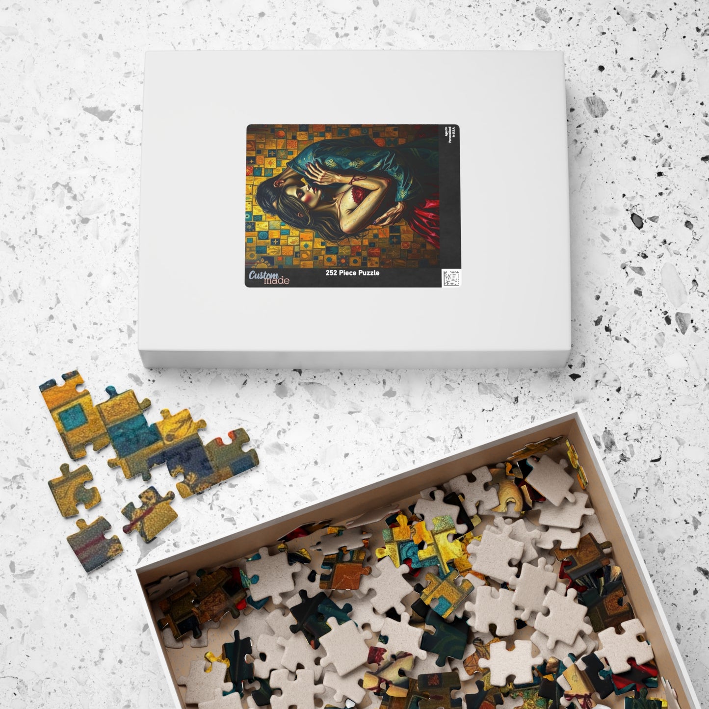 Romantic Embrace Gothic Jigsaw Puzzle, Eerie Couple Hugging Golden Jewel-Toned Patterns, Stress Relief, Unique Dark Art Puzzle Lover Gift Puzzle The Puzzle Chest