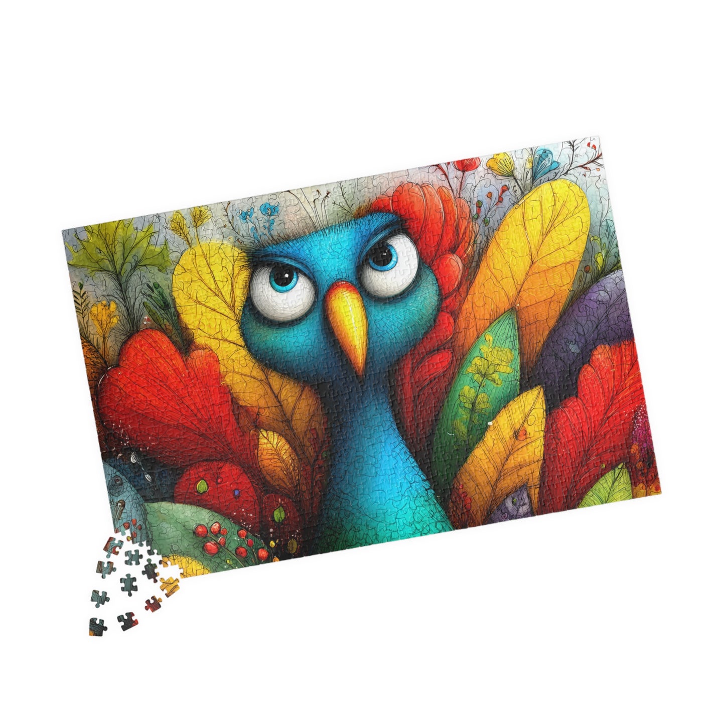 Colorful Blue Bird Illustration Puzzle | 110-1014 Piece Farm Animal Chicken Jigsaw 1014 pcs (Horizontal) Puzzle The Puzzle Chest