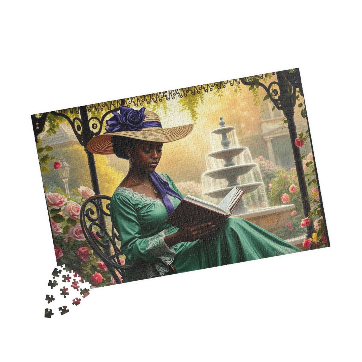 Black Victorian Scholar Jigsaw Puzzle, Afro Woman Reading in Flower Garden, Afrocentric Art 1014 pcs (Horizontal) Puzzle The Puzzle Chest