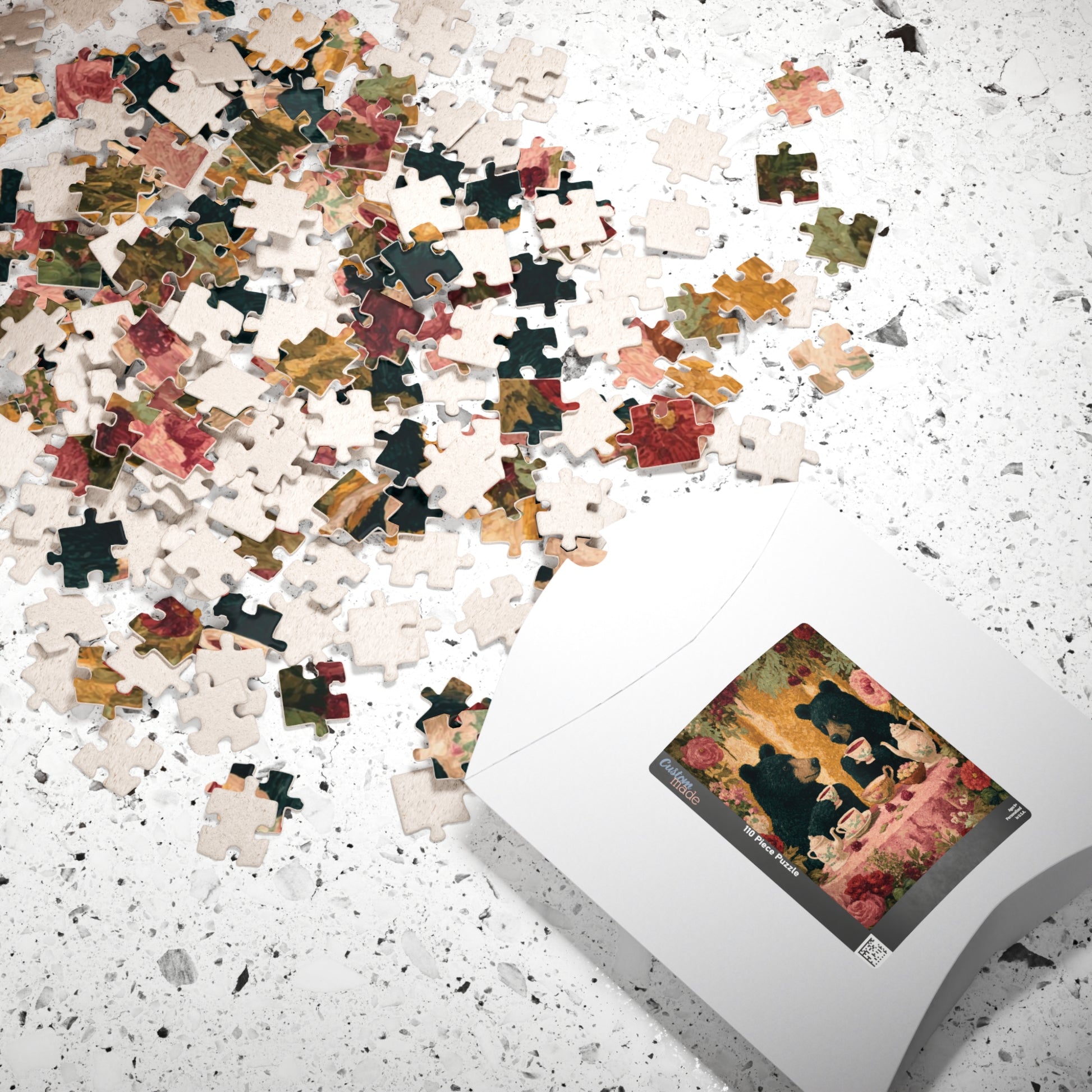 Pretty in Pink – Rosy Bear Tea Party Puzzle with Romantic Cottage Garden Scene, Animal Themed Jigsaw Game Puzzle The Puzzle Chest