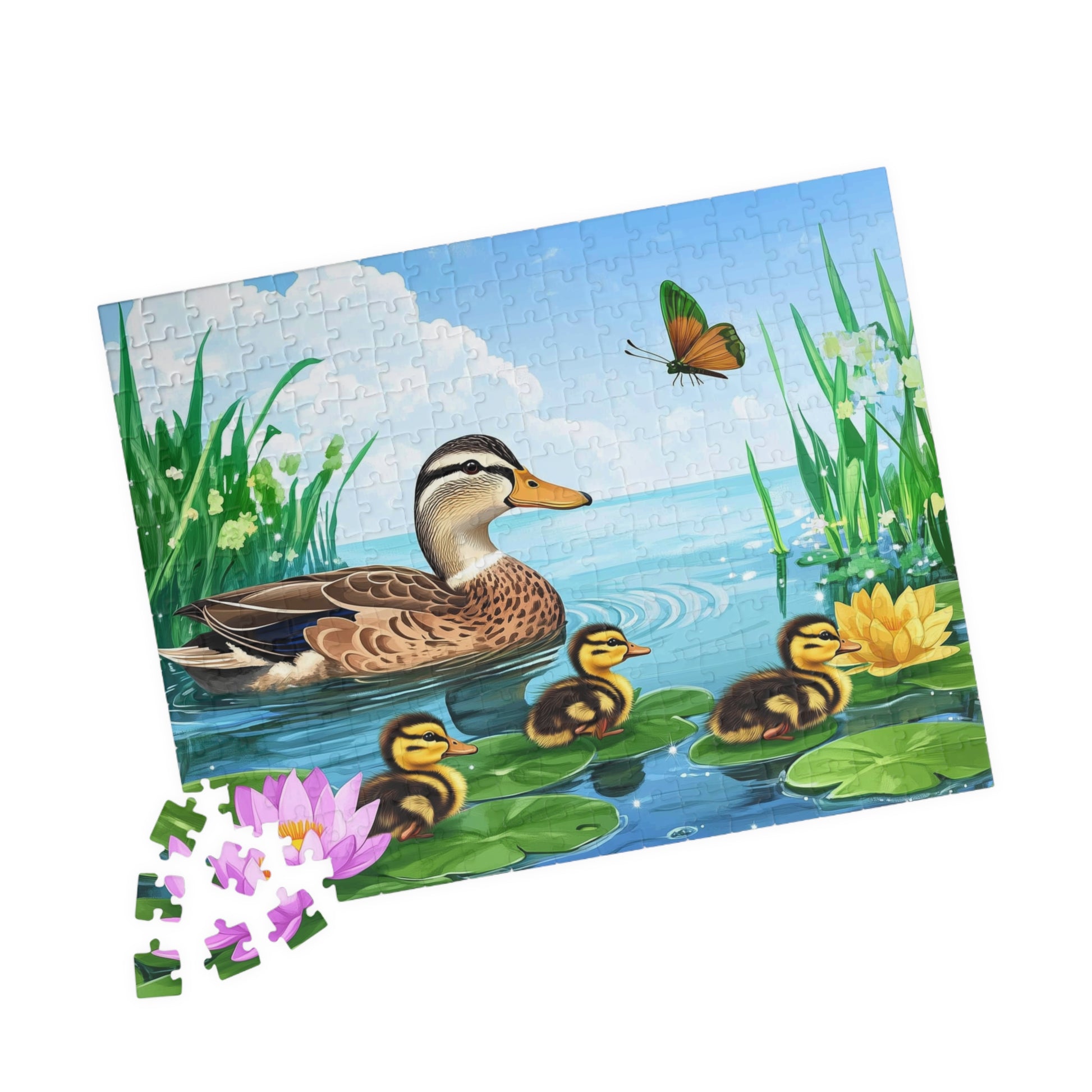 Mother Duck and Ducklings Puzzle | Scenic Pond Animal Jigsaw Game 252 pcs (Horizontal) Puzzle The Puzzle Chest